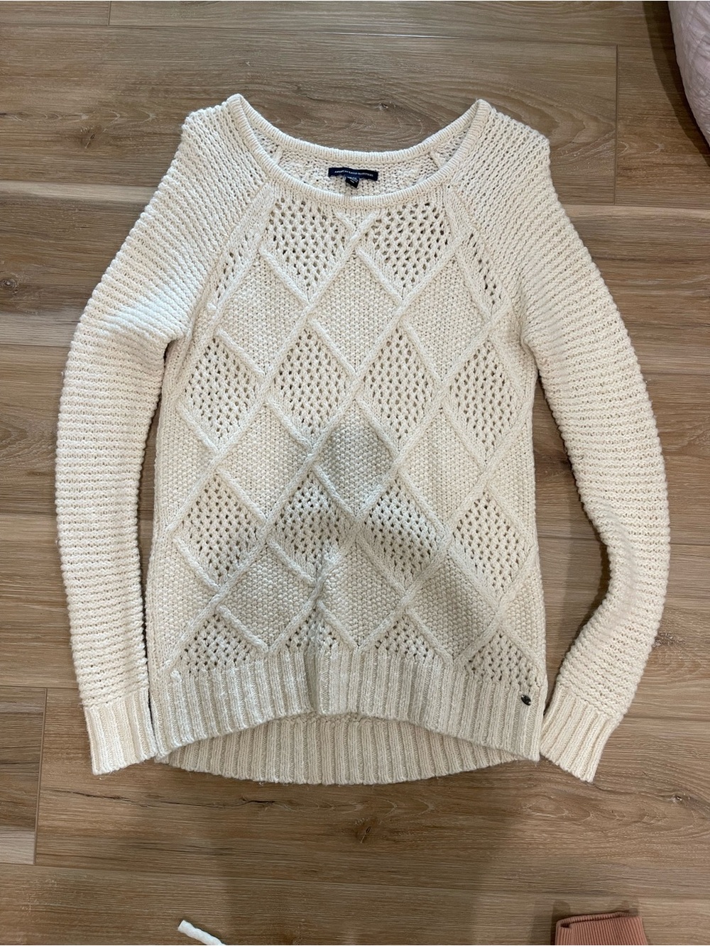 American Eagle Outfitters Cream Diamond Open-Knit Crewneck Sweater